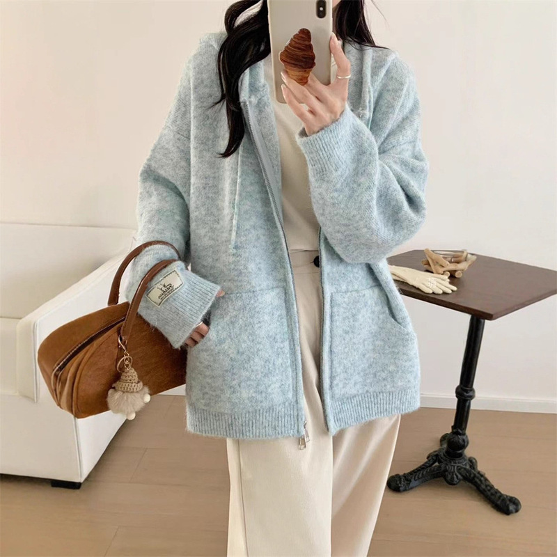 软糯连帽拉链毛衣开衫外套女秋冬新款宽松慵懒风加厚休闲针织上衣|undefined