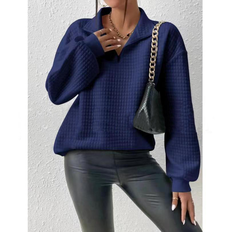 2023 de Europa y América otoño popular cómodo waffle color sólido stand collar cremallera manga larga costura suéter las mujeres