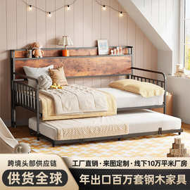跨境热卖新款木板靠背简约现代铁木床加厚全包全木床分体沙发床