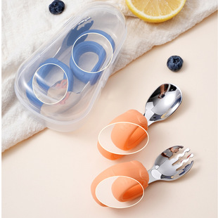 Stainless steel tableware baby training spoon silicone handle spoon baby portable supplies children fork spoon complementary food suit