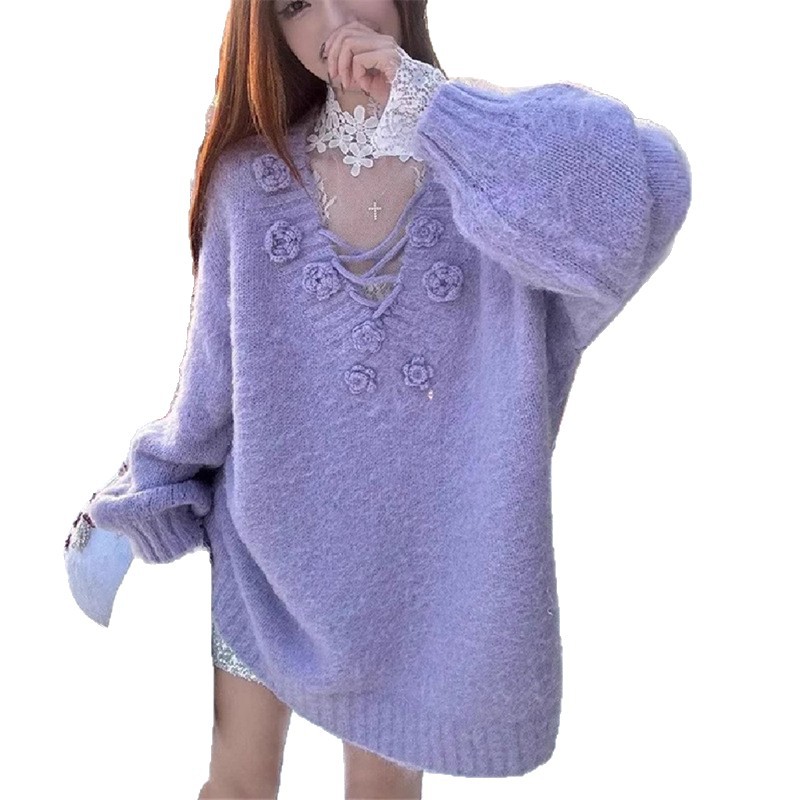 優しくスリムな立体花柄Vネックゆったり長袖セーター2025秋冬新作ニット柔らかトップス