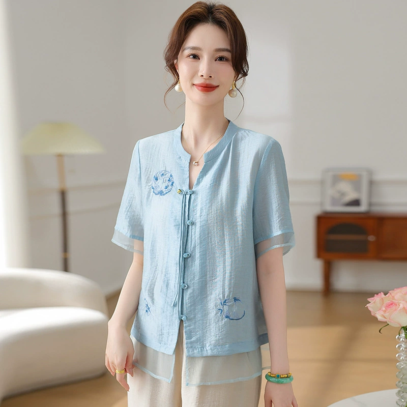 Рубашка женская мама среднего возраста летняя одежда китайский топ 2024 новый средний и пожилой леди летний повседневный топ