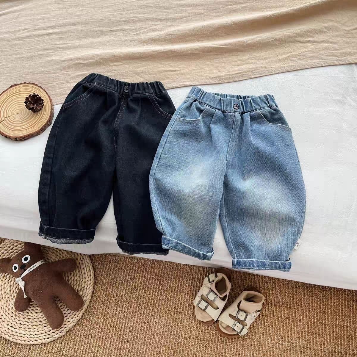 Korean Children's Clothing 2025 New Stylish and Fashionable Versatile Casual Denim Pants Trendy Solid Color Pants New Spring and Autumn Models