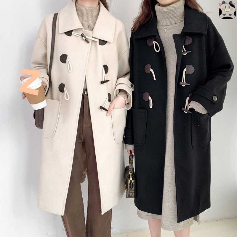 复古牛角扣毛呢外套女中长款2025秋冬新款韩版学院风加厚呢子大衣