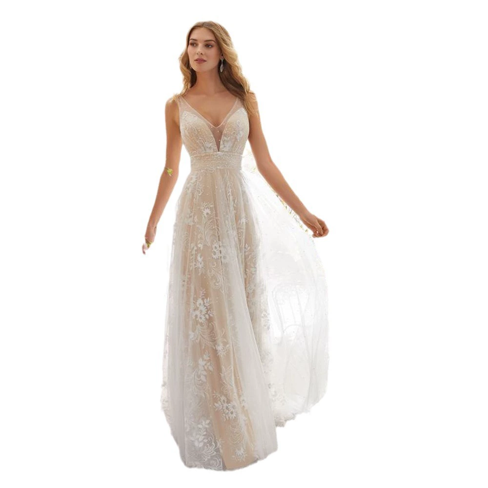 Sleeveless Lace Wedding Dress, V-neck European Style Bridal Gown, White, Sizes S–XXXL