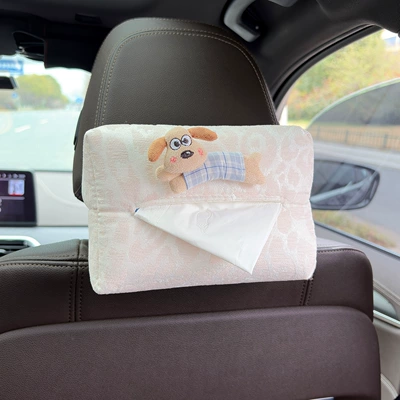 Car tissue box/set: Cartoon Dog Armrest Tissue Holder - vintage-light-blue-plaid-dogleopard-print-tissue-box-off-white