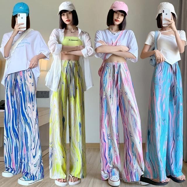 Summer new pleated organ high waist loose draping casual tie-dyed printed rainbow stripe sports wide-leg pants cross-border