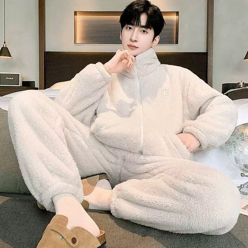 Men's Pajamas with Fleece Lining, Thickened for Autumn and Winter, Unisex Home Wear, Warm Coral Fleece Set Men's Pajamas with Fleece Lining, Thickened for Autumn and Winter, Unisex Home Wear, Warm Coral Fleece Set
