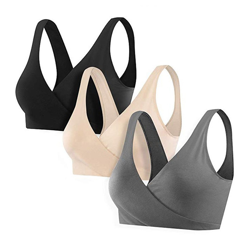 Wire-Free Bra, Cross-Over Maternity Bra for Breastfeeding and Sleeping, Postpartum Breathable Bra with Breast Pads