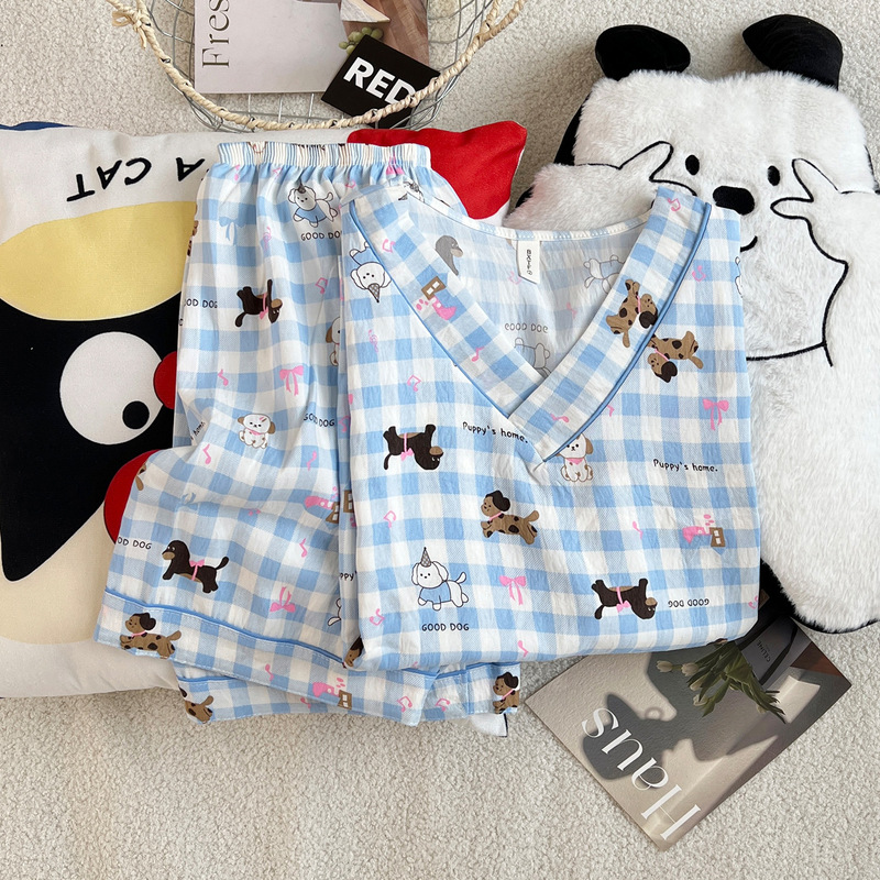 Pajamas for Women Summer Thin Cloud Cotton V Neck Short-Sleeved Student Cartoon Blue Plaid Black Dog Girl Home Wear Two-Piece Suit