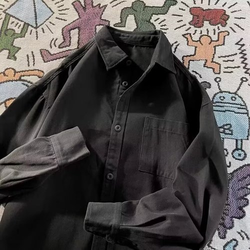 Men's Long-Sleeve Solid Color Base Shirt, Spring and Autumn Season, High-End American Casual Style Inner Wear, White and Black Simple Blouse