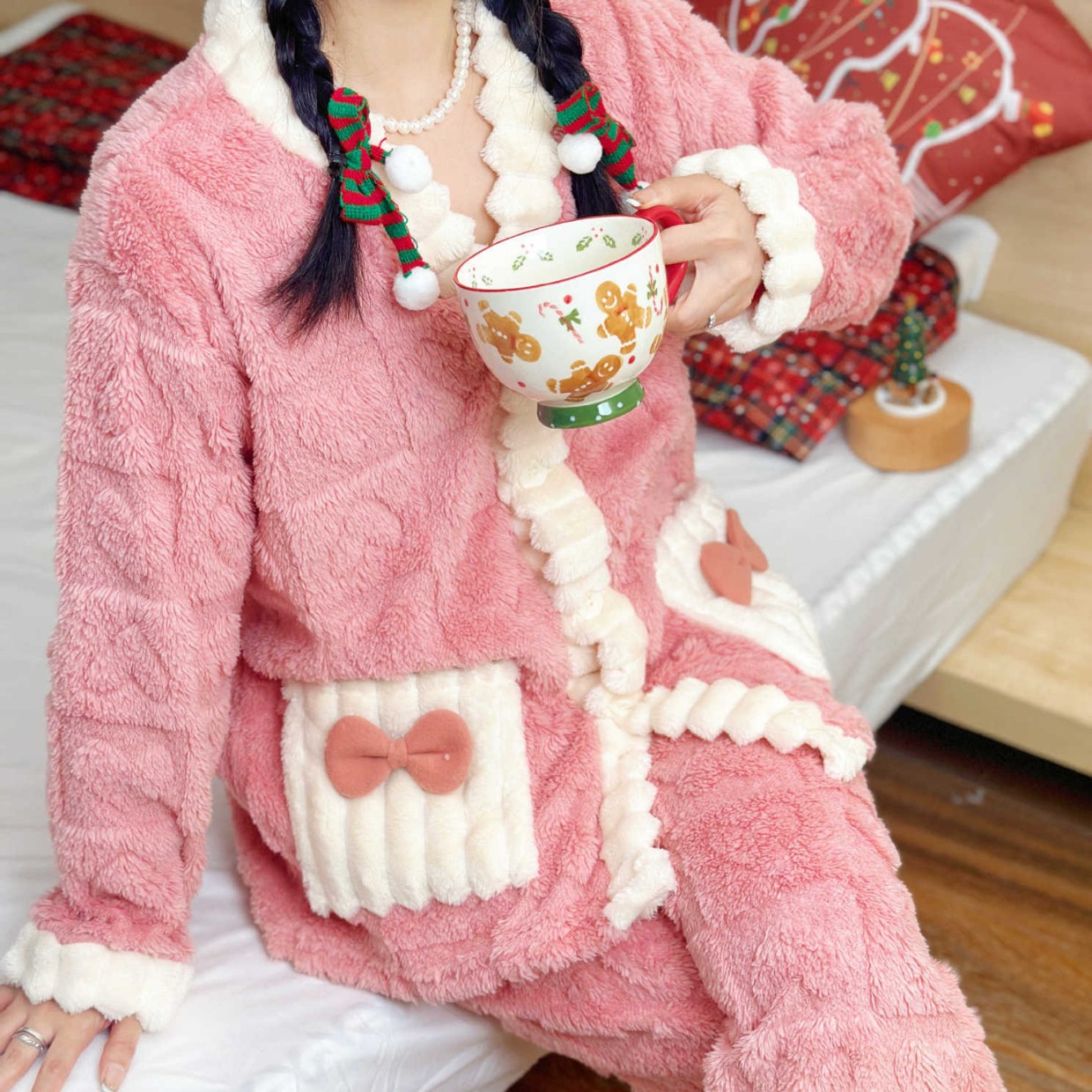 珊瑚绒睡衣加绒加厚爱心提花套装女秋冬季2024年蝴蝶结加厚珊瑚绒
