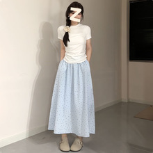 波点蓝色半身裙女夏季新款高腰a字百搭简约显瘦中长款法式伞裙潮