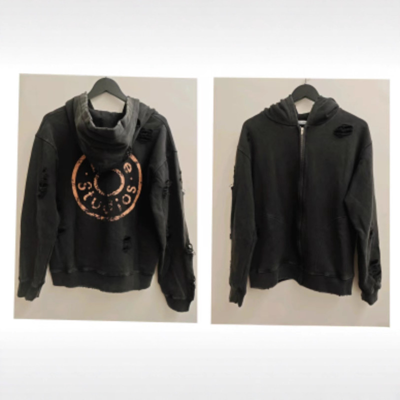 2025Ac Autumn and Winter New Fashion Versatile Washed and Distressed Cut Disc Logo Printed Zipper Sweatshirt Hoodie