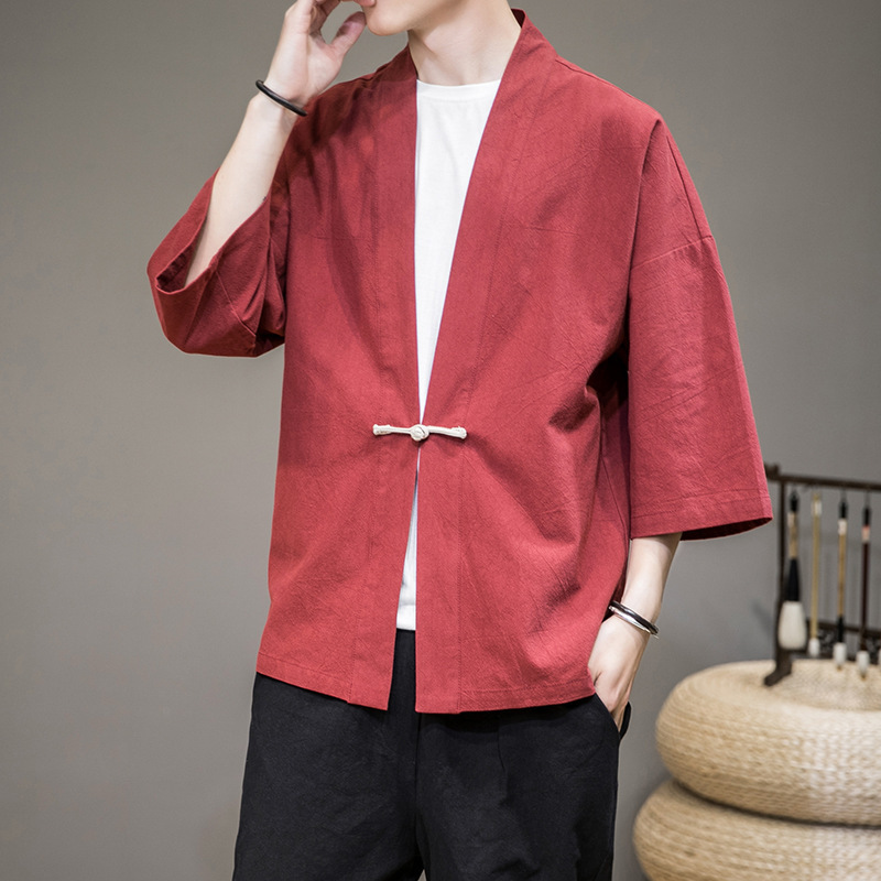 Chaqueta de punto con hebilla de disco retro Hanfu de estilo chino para hombres de estilo antiguo Chaqueta suelta de manga tres cuartos de gran tamaño