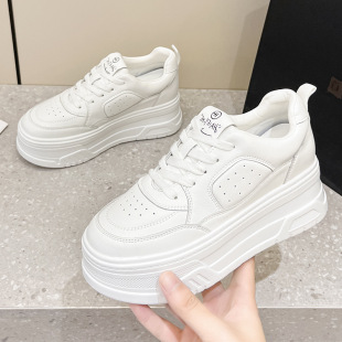 2023 New Style Round Toe Thick Sole Inner Heightening Genuine Leather Spring and Summer White Shoes for Women Versatile Sports Platform Shoes Casual Shoes