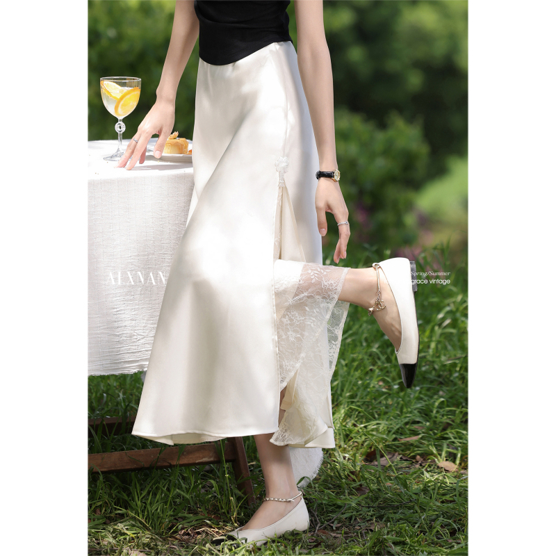 Apricot-Colored French-Style Satin Skirt for Women, Summer Slit Lace Patchwork Skirt, Drapey, Slimming, Height-Enhancing Long Skirt Apricot-Colored French-Style Satin Skirt for Women, Summer Slit Lace Patchwork Skirt, Drapey, Slimming, Height-Enhancing Long Skirt