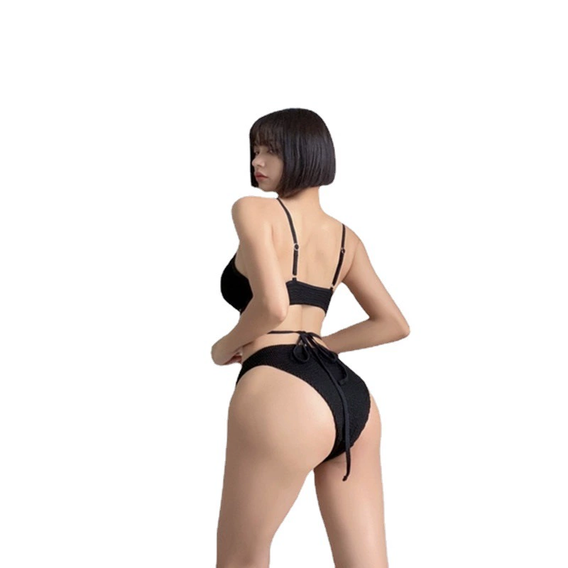 Bikini set women's split push-up top, solid strappy back, textured fabric, sizes M–XL