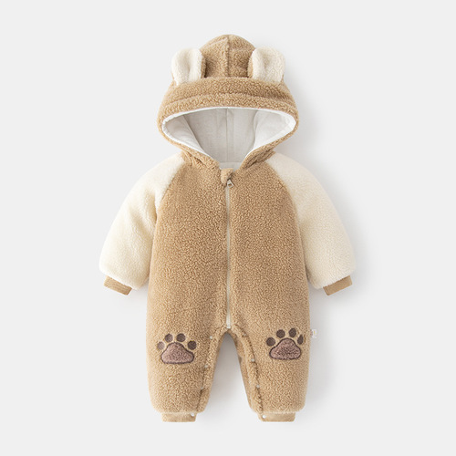 Baby Cotton Fleece Lined Pajamas for Autumn/Winter Outings, Thick Climbing Suit for Toddlers, Cute Outerwear Cotton Hoddie
