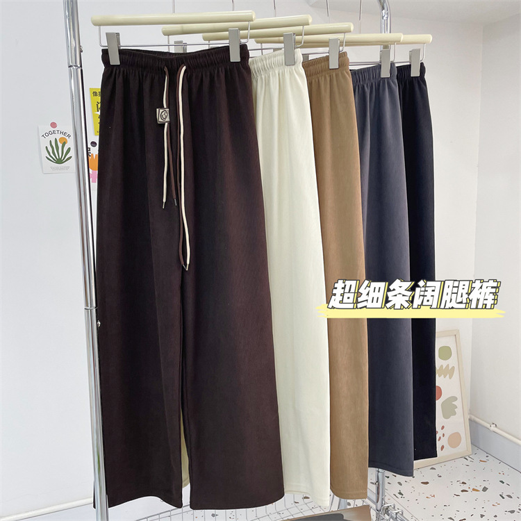 Ultra-Fine Wide-Leg Pants for Women, Spring and Autumn Corduroy Casual Pants, Slim and Smiley Face, Double Belt, Straight-Leg Pants Wholesale Ultra-Fine Wide-Leg Pants for Women, Spring and Autumn Corduroy Casual Pants, Slim and Smiley Face, Double Belt, Straight-Leg Pants Wholesale
