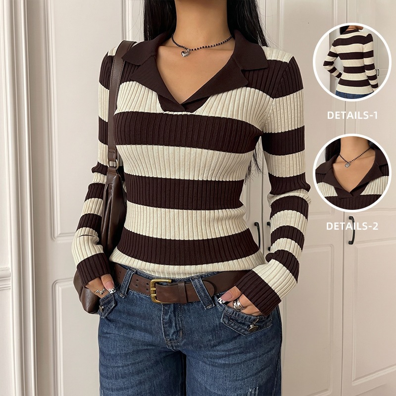 Amazon Europe & America Cross-Border 2026 Autumn/Winter New Comfortable Casual Style Lapel Pullover Striped Color Block Long-Sleeved Sweater