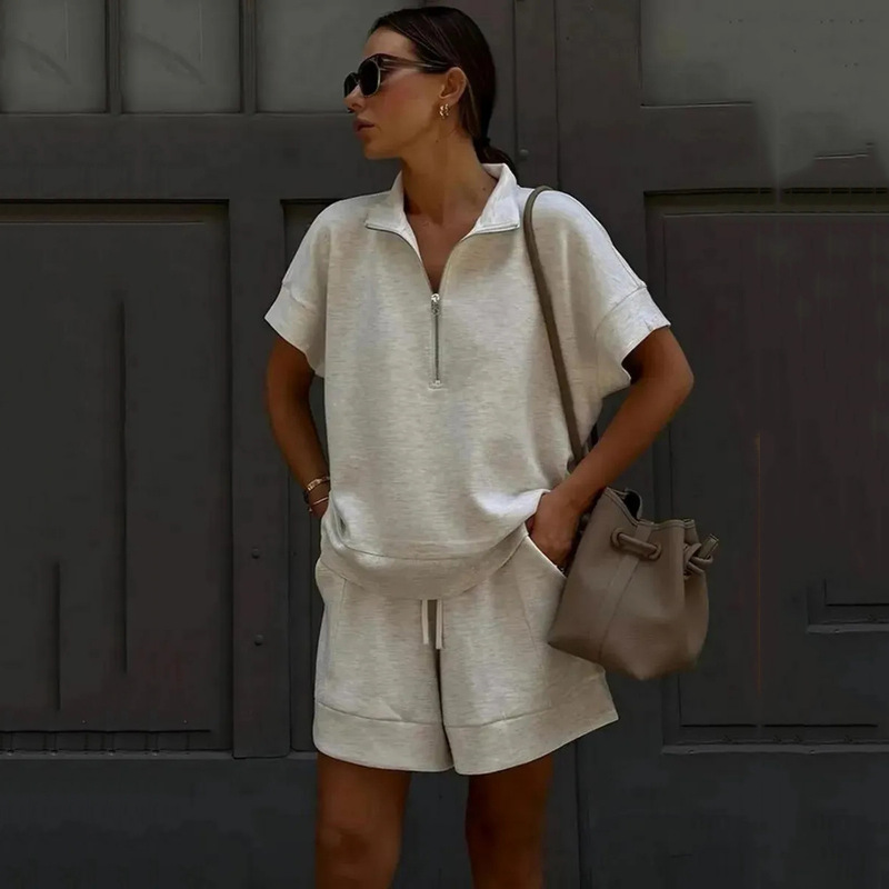 2026 Amazon Cross-Border Summer New Long-Sleeved Shorts Sweatshirt Set Solid Color Fashionable Casual Short 2-Piece Set 2026 Amazon Cross-Border Summer New Long-Sleeved Shorts Sweatshirt Set Solid Color Fashionable Casual Short 2-Piece Set