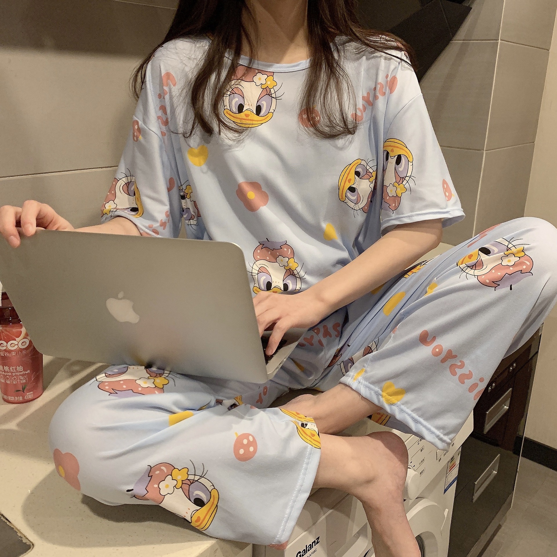 Pijamas pantalones de manga corta traje de dos piezas estudiante estilo coreano dibujos animados mujeres jóvenes delgadas primavera y otoño verano nueva ropa para el hogar