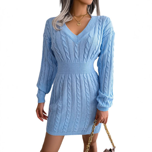 Ins-style actual photos fall/winter European and American fashion belted cabled bodycon maxi dress Amazon cross-border women's clothing