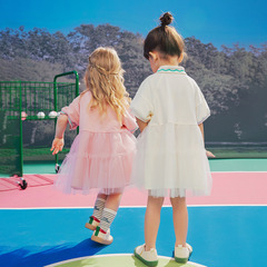 阿米拉童裝2024夏季新款兒童裙子女童短袖polo領拼接網紗連衣裙