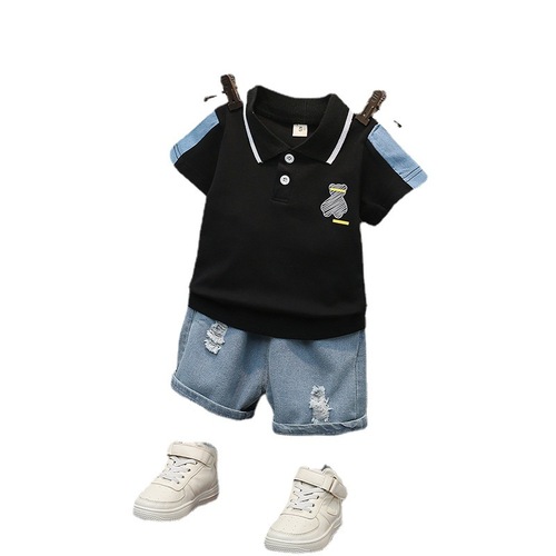 Children's new summer short-sleeved suit, baby boy, fashionable denim shorts two-piece set, children's clothing one piece drop shipping