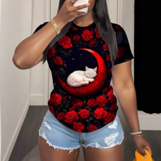 红玫瑰猫咪印花T恤舒适透气宽松上衣女士夏季时尚休闲百搭圆领T恤