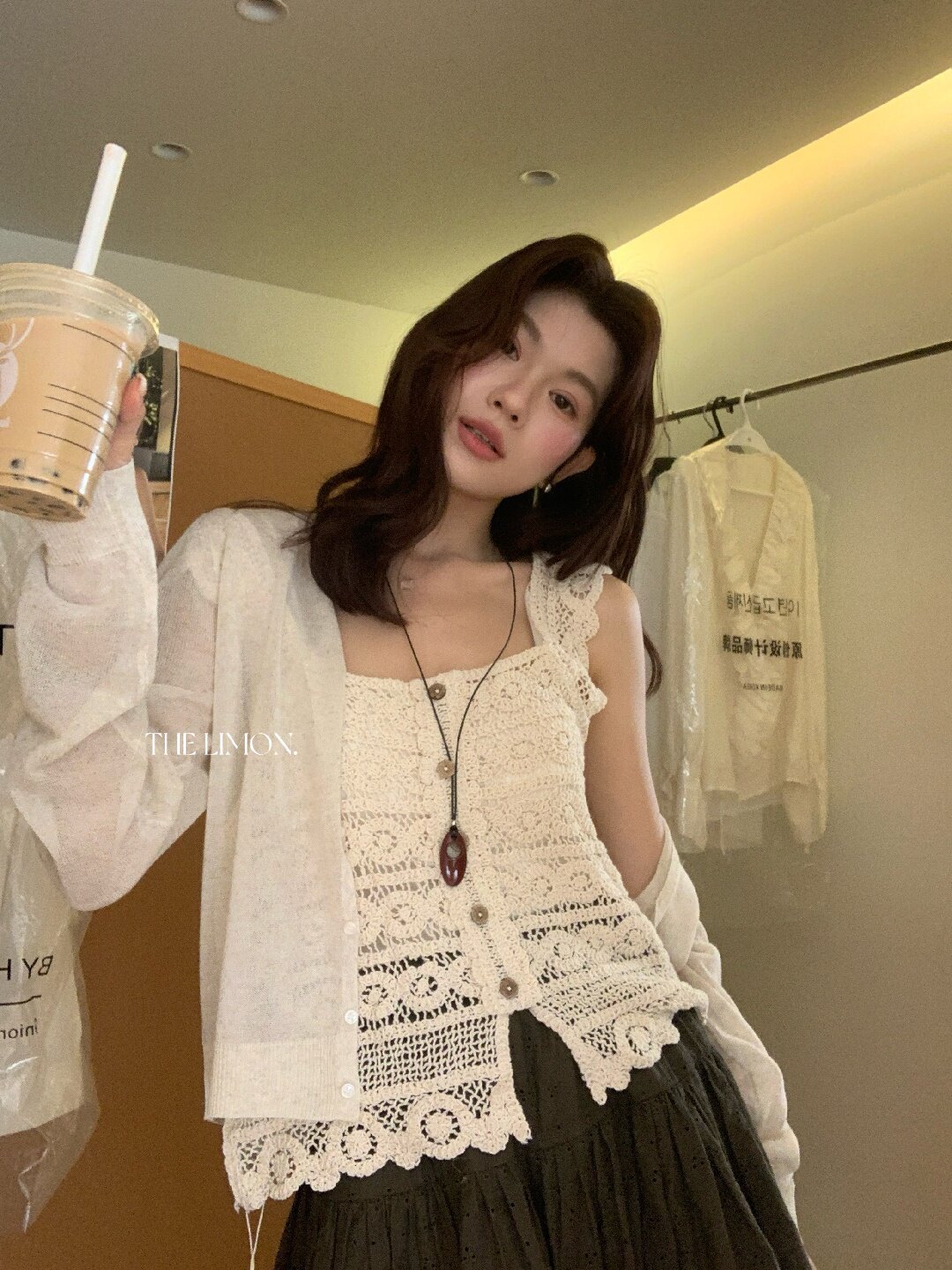 Áo hai dây nữ ren móc họa tiết cổ vuông phong cách Pháp — màu mơ chi tiết 3