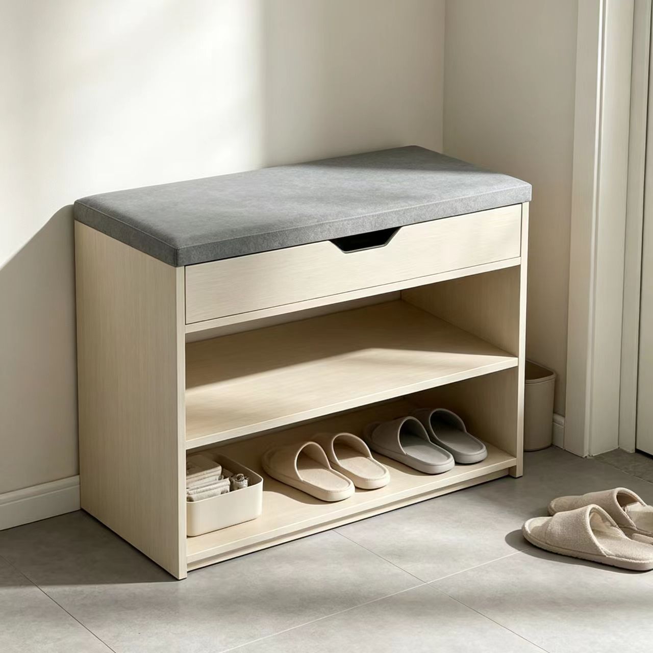 Taburete de cambio de zapatos portable para asiento integrado taburete de almacenamiento taburete de madera maciza taburete de asiento de gabinete de zapatos