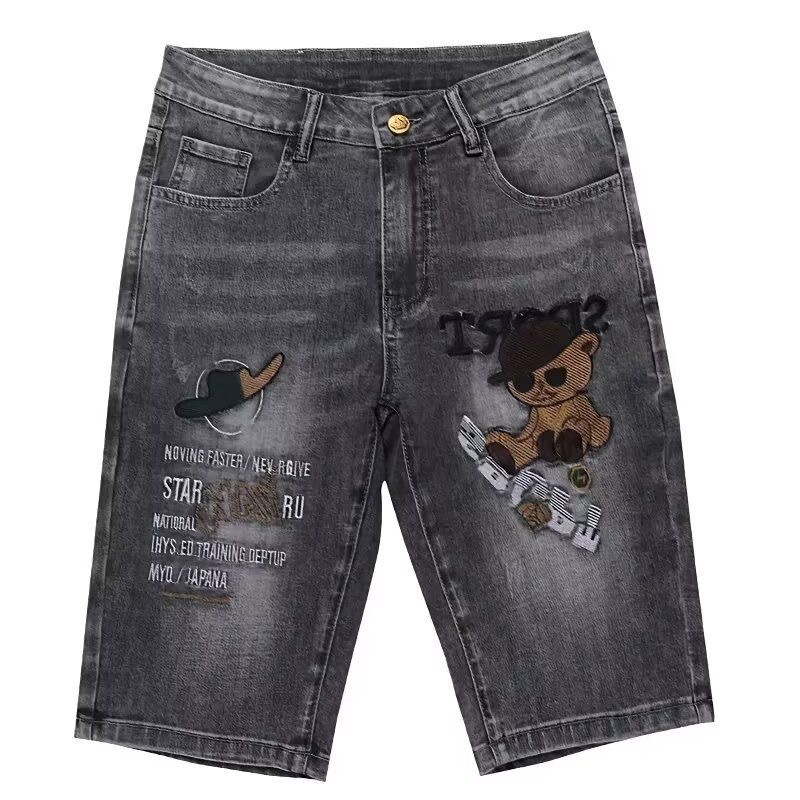 Men's Embroidered Denim Shorts Trendy Loose Straight Leg Casual Distressed Five Point Pants Mid Length Thin Summer Wear_mkmklike.com