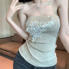 纯欲性感美背针织抹胸背心女拼接亮片修身内搭设计感纯欲外穿上衣