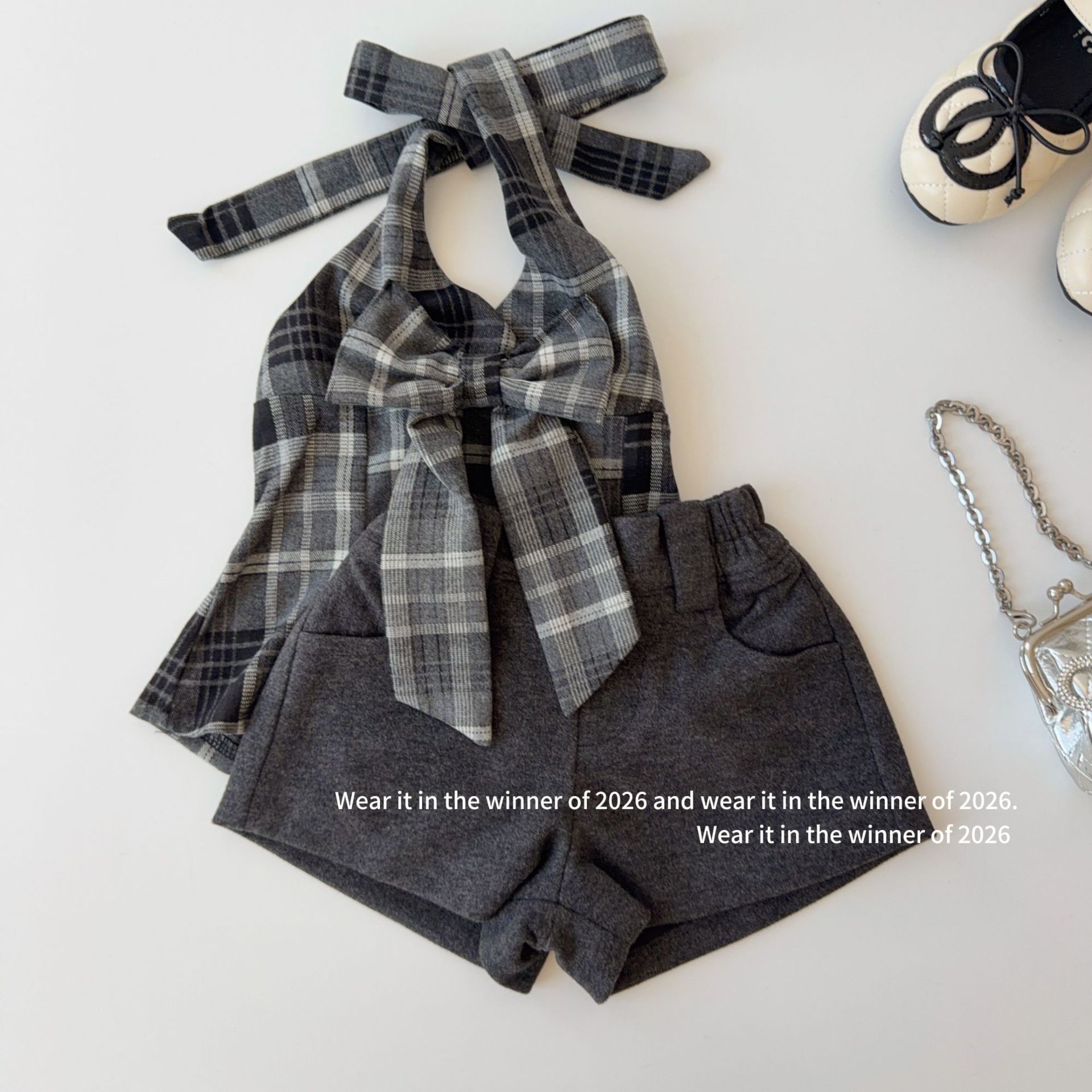 2026 Girls' Korean-style plaid backless camisole with slimming design, bow tie, short halter neck top