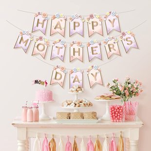Mother Happy Birthday Letter Banner March 8th Goddess Festival Pink Flower Letter Fishtail Flag Party