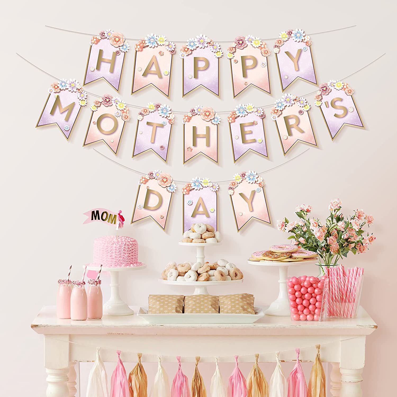 Happy Birthday to Mother in Pink Flower Alphabet Banner Women's Day Fish Tail Flag Party