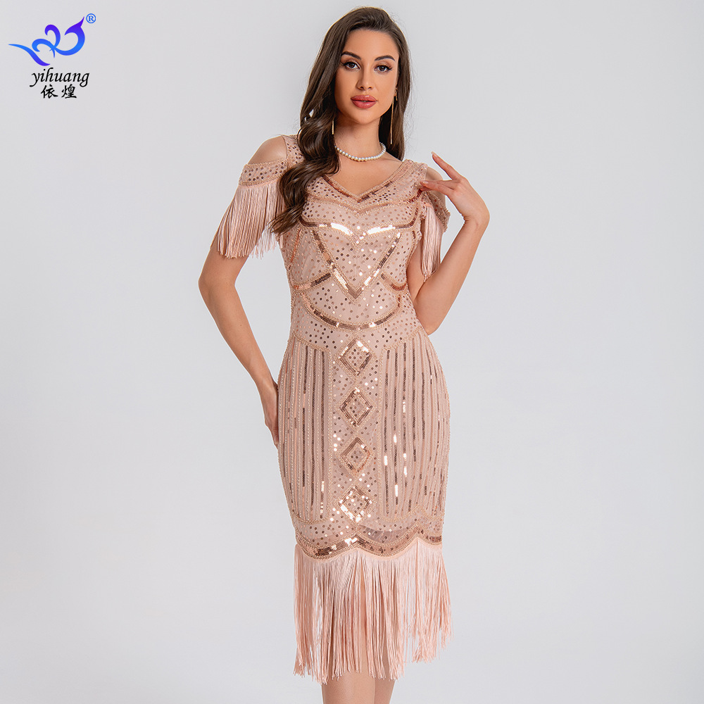 European and American Retro Sequin Dress Tassle Dress Beaded dress Ball Latin Dress Party Stage Performance Dress
