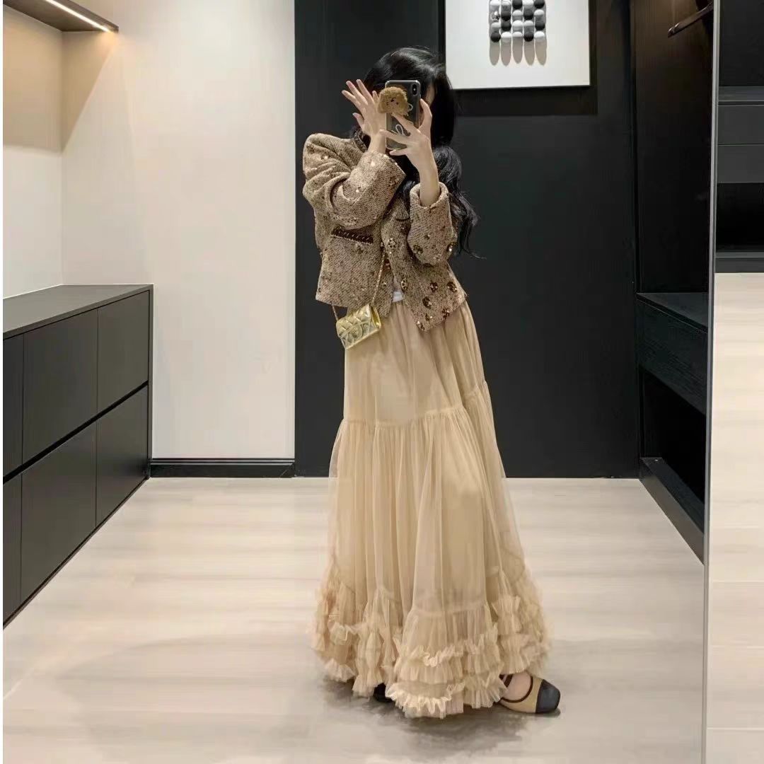 Cross-Border Trendy Design Mesh Skirt 2025 New High-Waisted Slimming Tutu Skirt with Super Drape