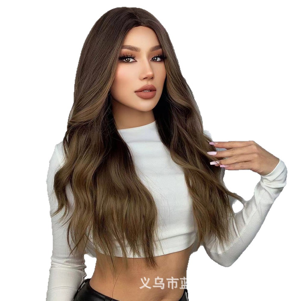 Estilo europeo y americano Amazon teñido gradiente oro natural largo y rizado de las mujeres Fibra química alta temperatura peluca seda fabricante