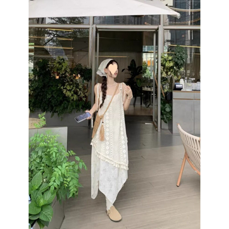 海边度假风假两件吊带连衣裙女夏气质仙印花流苏不规则沙滩长裙|undefined