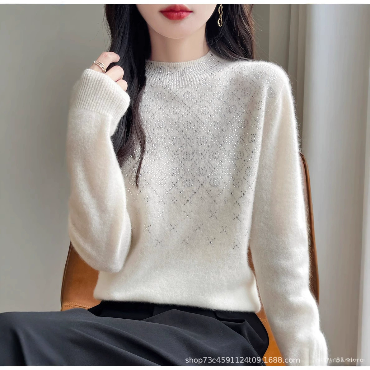 2024 новый чистый шерстяной вязаный свитер женский пол-высокий воротник дизайн горячий бриллиант темперамент свитер свободный кардиган