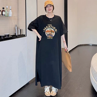 胖mm大码女装连衣裙夏季通勤长款过膝开叉圆领简约慵懒风T恤裙女