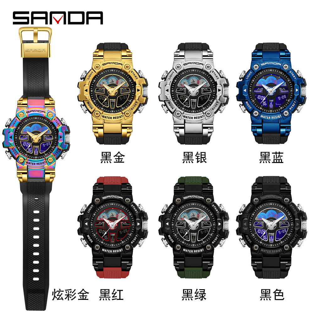 Sanda hasta mano luz reloj negro tecnología multi-funcional volante deportes volante reloj de alarma impermeable reloj masculino 3156