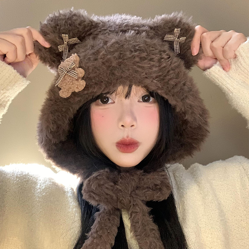 Hermoso arco de oso orejas gorra de peluche para mujeres otoño y invierno cara pequeña gorra de punto protector de orejas gorra de calor frío