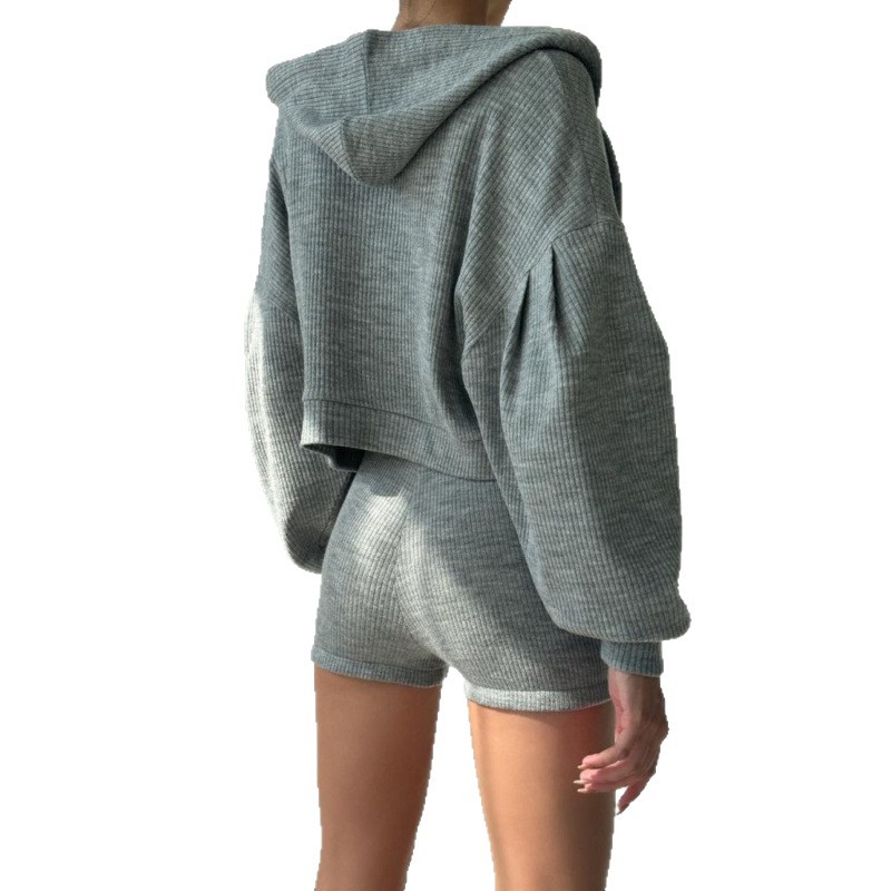 European And American Style Sports Suit Basic Solid Color Hooded Loose Zipper Jacket Small Vest + Shorts Casual_ecoleips.com