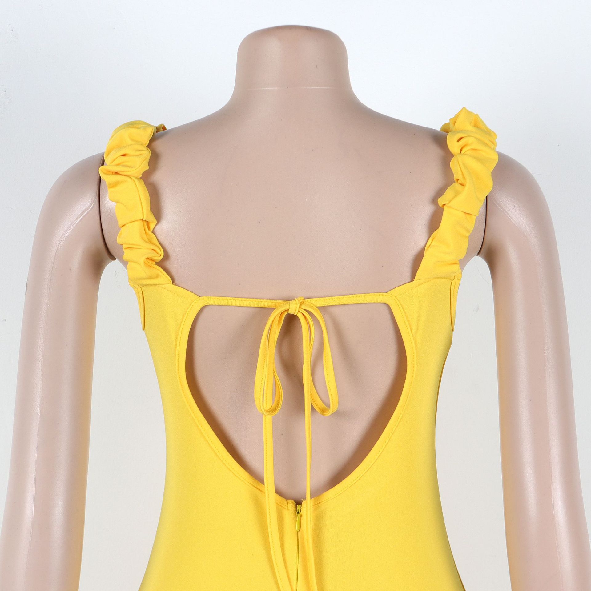 Women's Clothing Elastic Waist Pleated Lace Backpack Dress Hip-Fitting With Solid Color_ecoleips.com