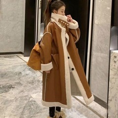 冬季新款韩系百搭长款双面穿大衣毛立领颗粒绒加厚羊羔毛外套女