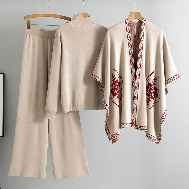 Women's Clothing loose lazy high necked sweater outer wear shawl cape coat wide leg pants three piece suit women autumn and winter_voghion.com